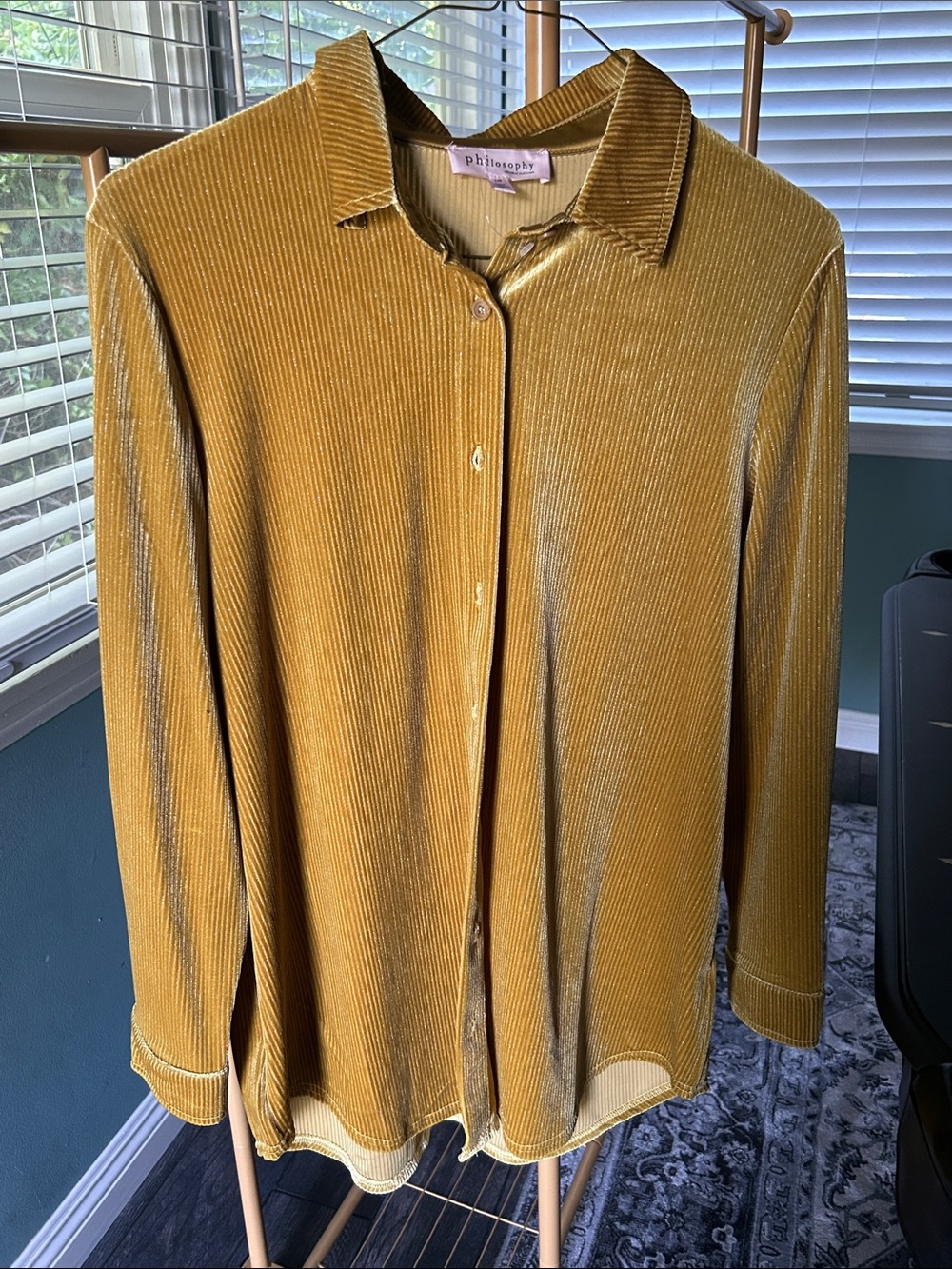 Philosophy Golden Mustard Velvet-Textured Button-Down Shirt size L.